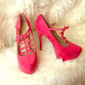 Hot Pink Suede Platform Pumps with Bows